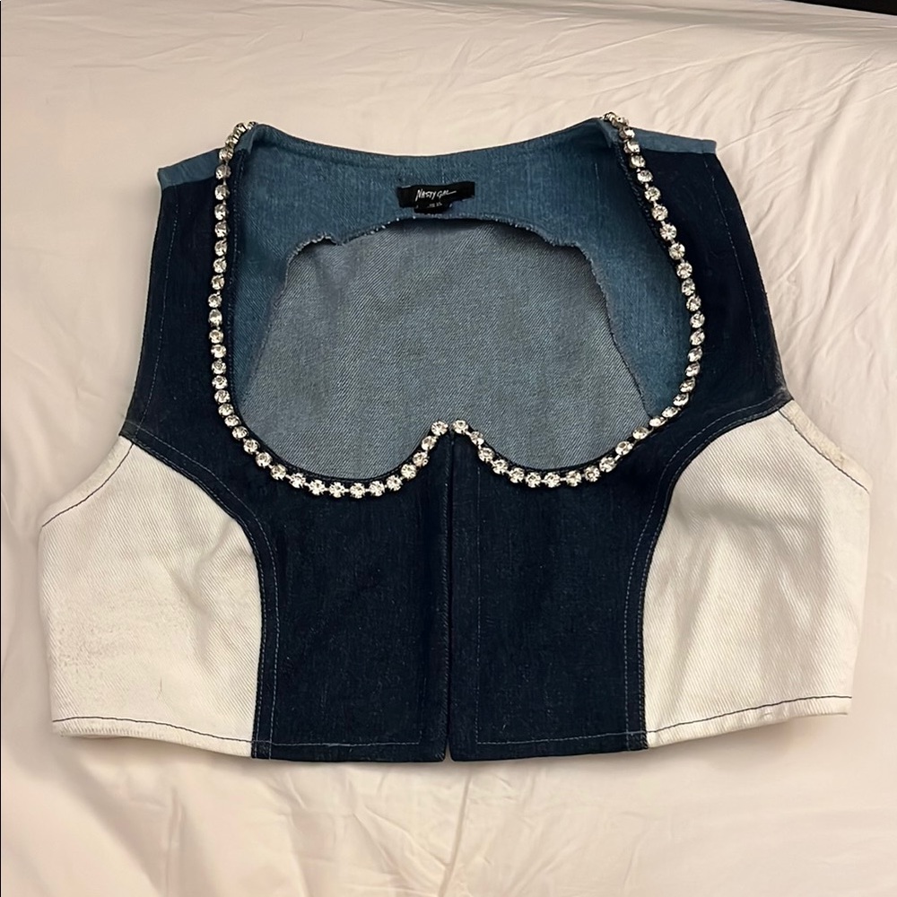 Denim embellished crop top